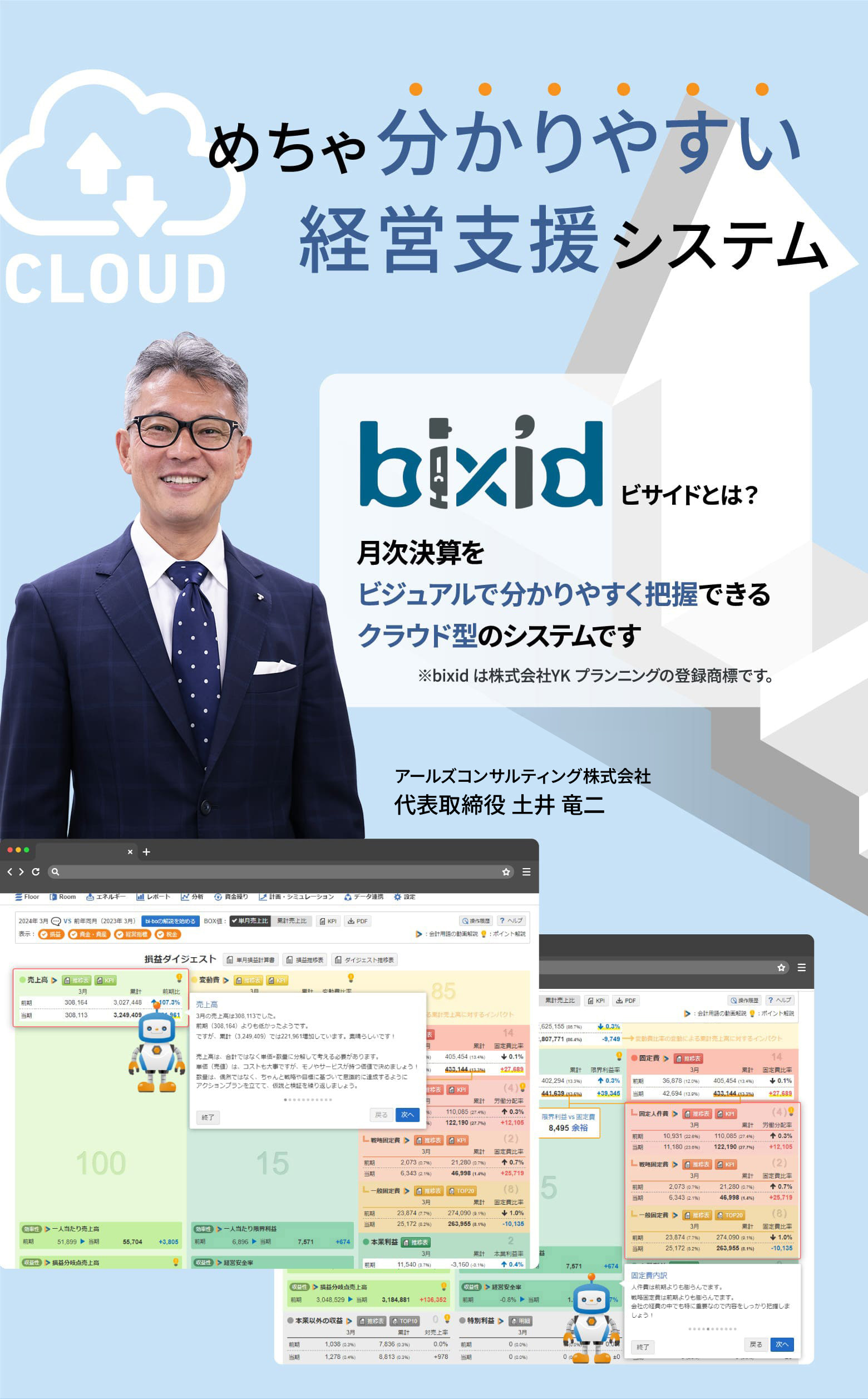 めちゃ分かりやすい経営支援システム bixidビサイドとは？ 月次決算をビジュアルで分かりやすく把握できるクラウド型のシステムです※bixid は株式会社YK プランニングの登録商標です。株式会社アールズコンサルティング 代表  土井 竜二